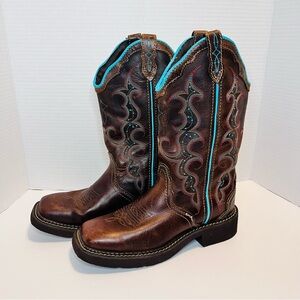 Justin L2900 Womens Gypsy Western Boots Brown Leather Turquoise Trim 6 1/2" B